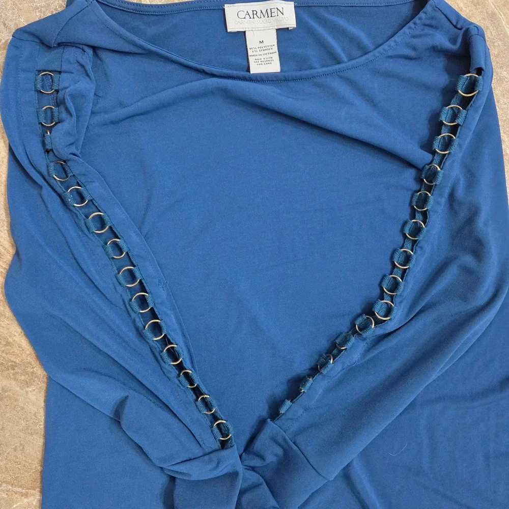 Carmen Ring Sleeve Top Teal Blue Long Sleeve Blouse Casual Chic Size M - Picture 3 of 6